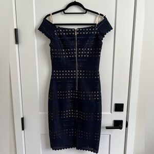 Navy Blue Off Shoulder Lace Dress with Nude Liner, Gold Zipper in Back